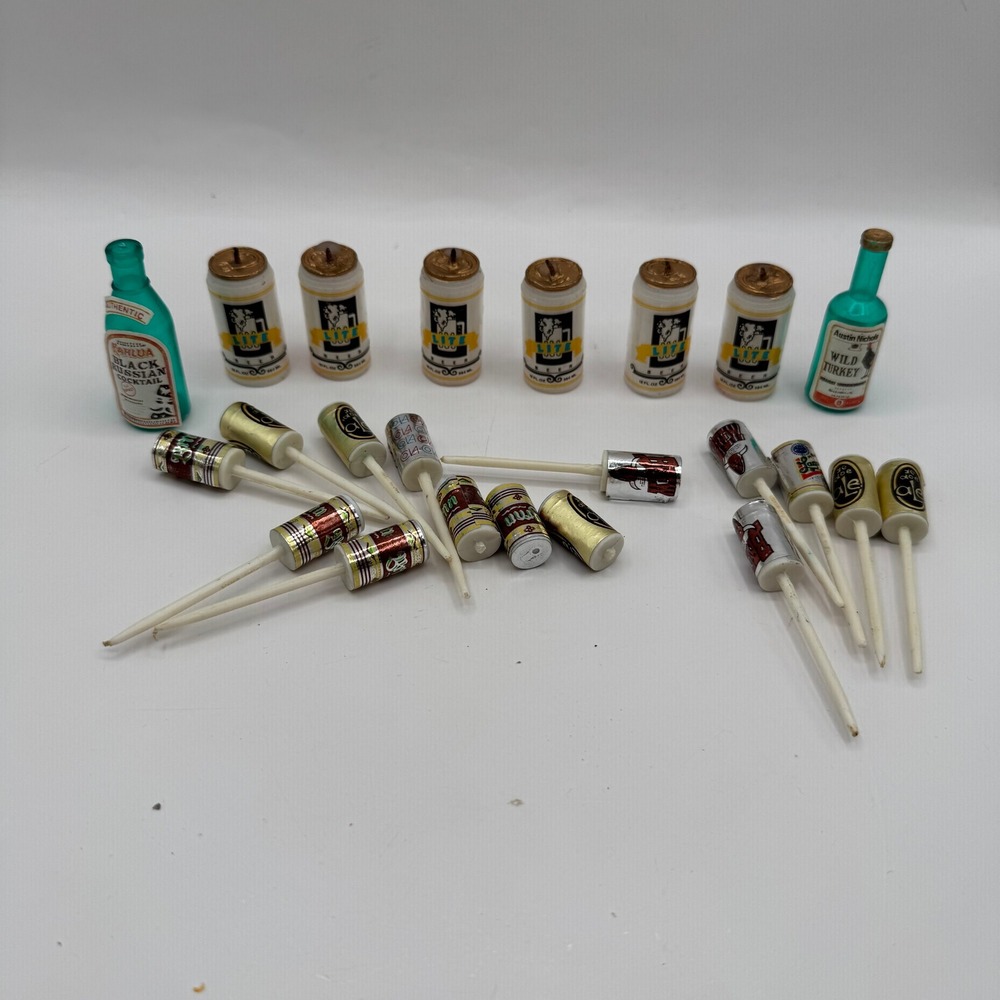 Vintage Miniature Alcohol Bottle Candles & Picks Miller Lite Kahlua Cake Toppers